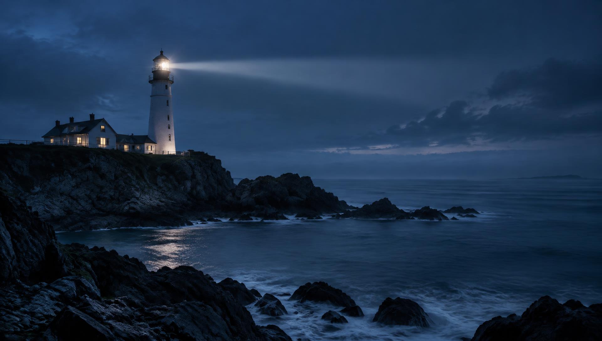 Lighthouse guiding the way across a dark coastal sea
