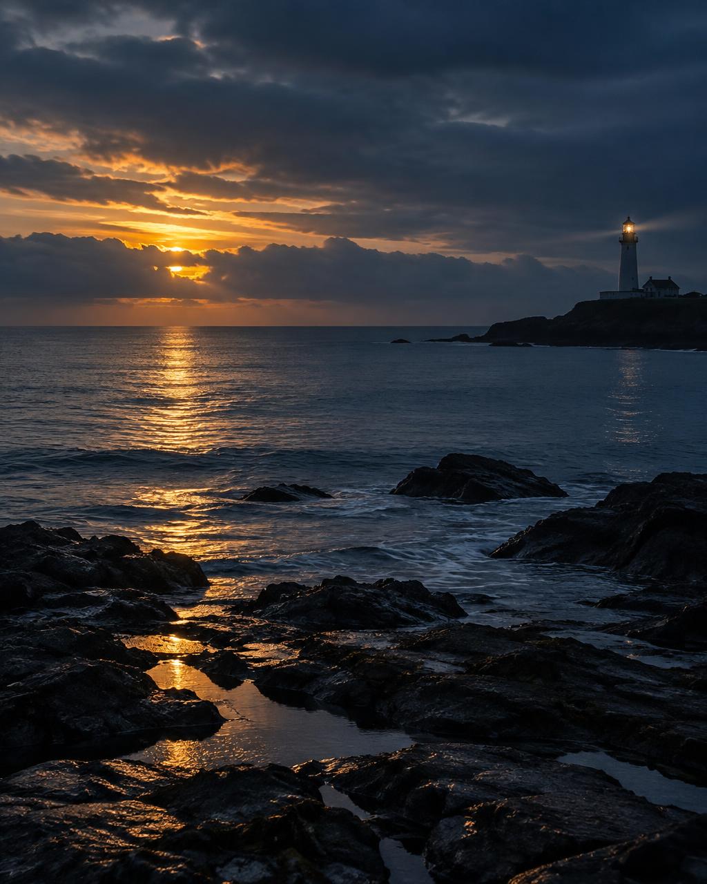 Distant lighthouse beacon over a calm coastal horizon at sunset